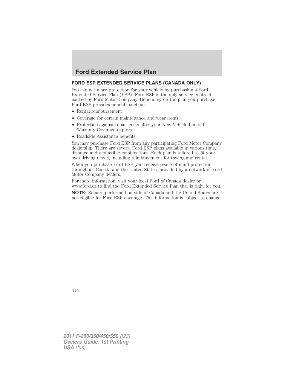 Ford esp extended service plans (canada only), Ford extended service plan | FORD 2011 F-550 v.1 User Manual | Page 414 / 441