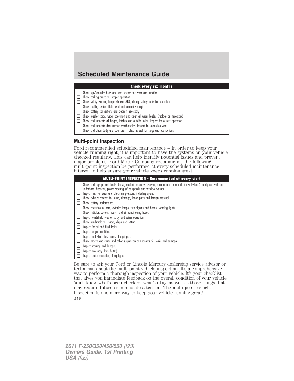 Multi-point inspection, Scheduled maintenance guide | FORD 2011 F-550 v.1 User Manual | Page 418 / 441