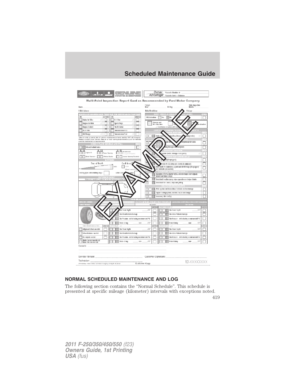 Normal scheduled maintenance and log | FORD 2011 F-550 v.1 User Manual | Page 419 / 441