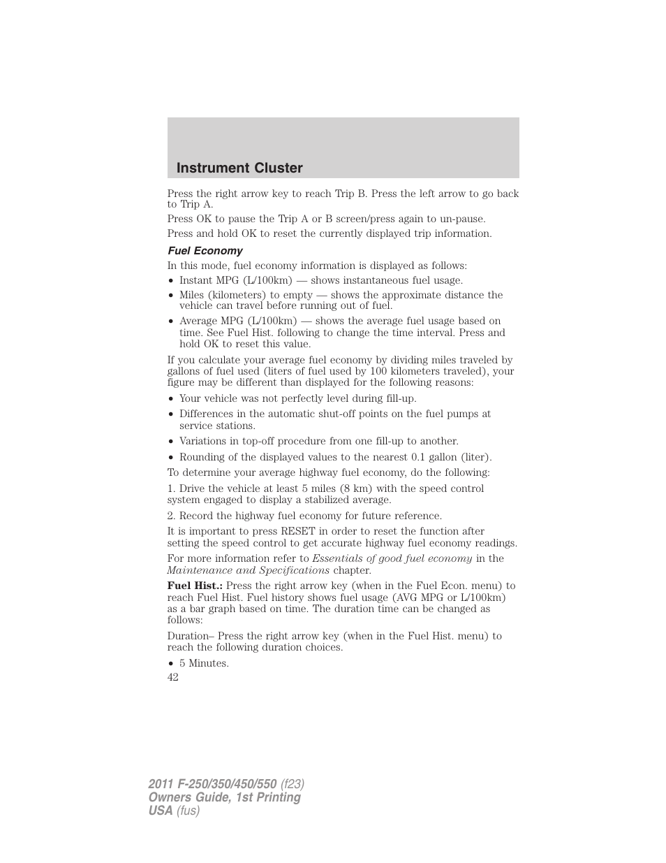 Fuel economy, Instrument cluster | FORD 2011 F-550 v.1 User Manual | Page 42 / 441