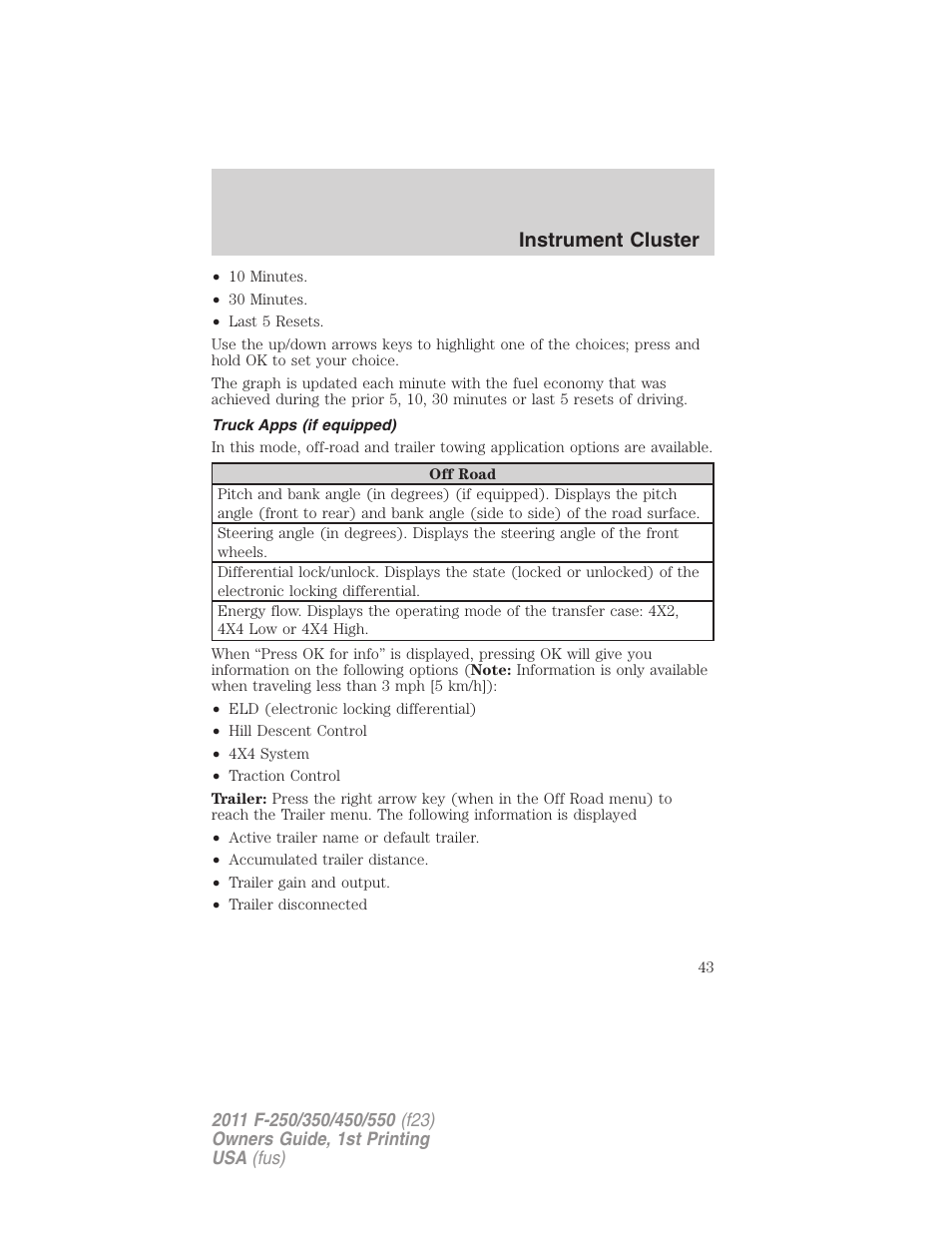 Truck apps (if equipped), Instrument cluster | FORD 2011 F-550 v.1 User Manual | Page 43 / 441