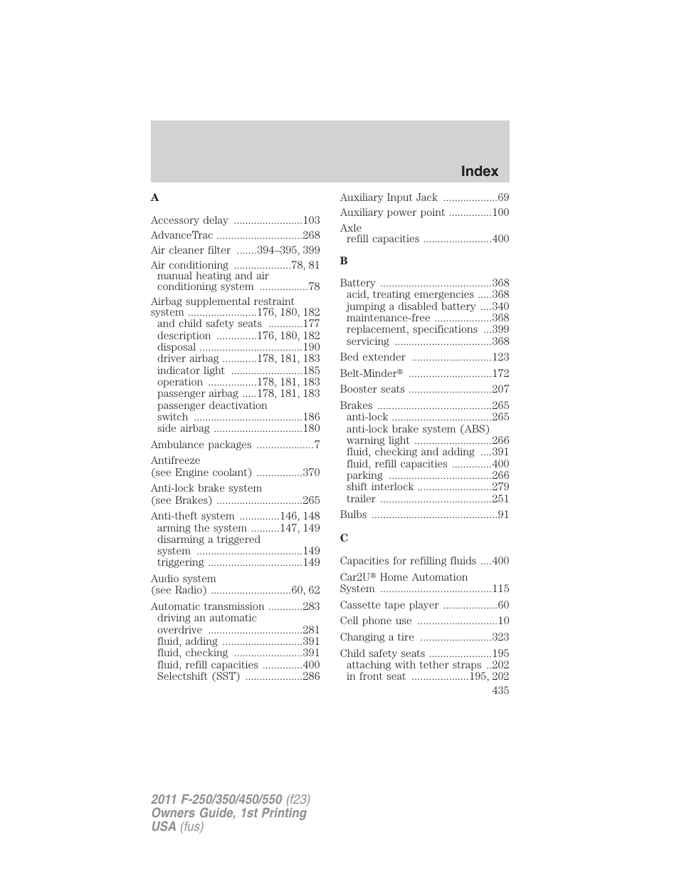 Index | FORD 2011 F-550 v.1 User Manual | Page 435 / 441