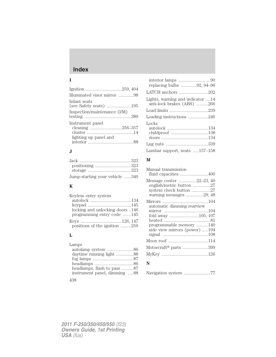 Index | FORD 2011 F-550 v.1 User Manual | Page 438 / 441