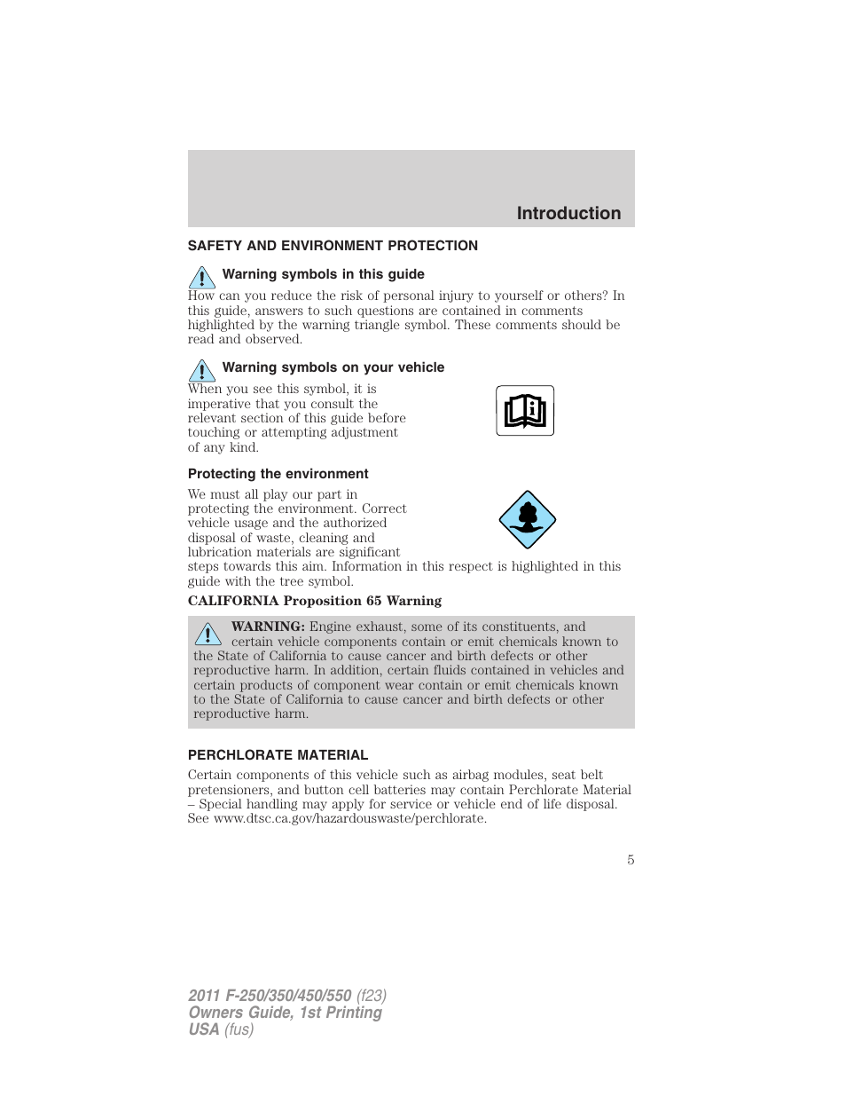 Safety and environment protection, Warning symbols in this guide, Warning symbols on your vehicle | Protecting the environment, Perchlorate material, Introduction | FORD 2011 F-550 v.1 User Manual | Page 5 / 441