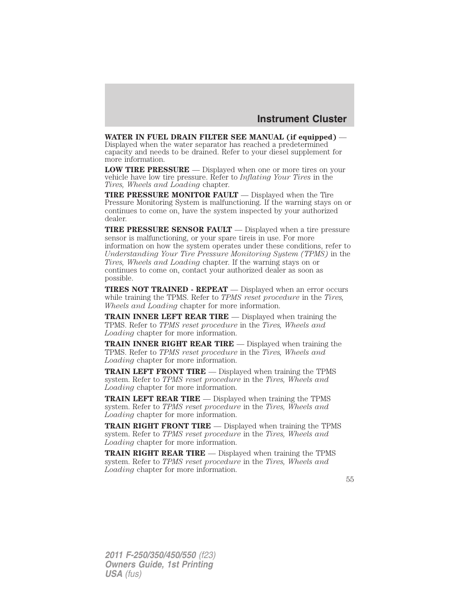 Instrument cluster | FORD 2011 F-550 v.1 User Manual | Page 55 / 441