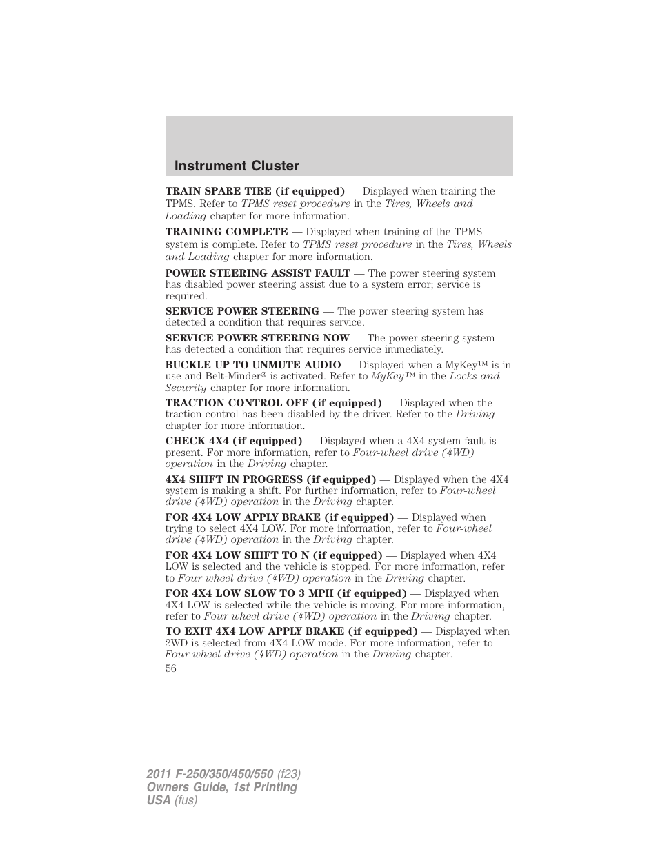 Instrument cluster | FORD 2011 F-550 v.1 User Manual | Page 56 / 441