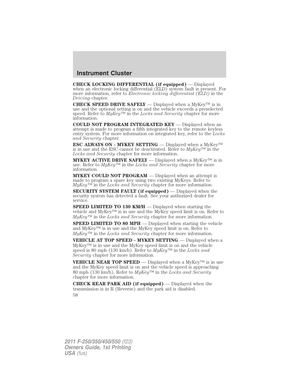Instrument cluster | FORD 2011 F-550 v.1 User Manual | Page 58 / 441