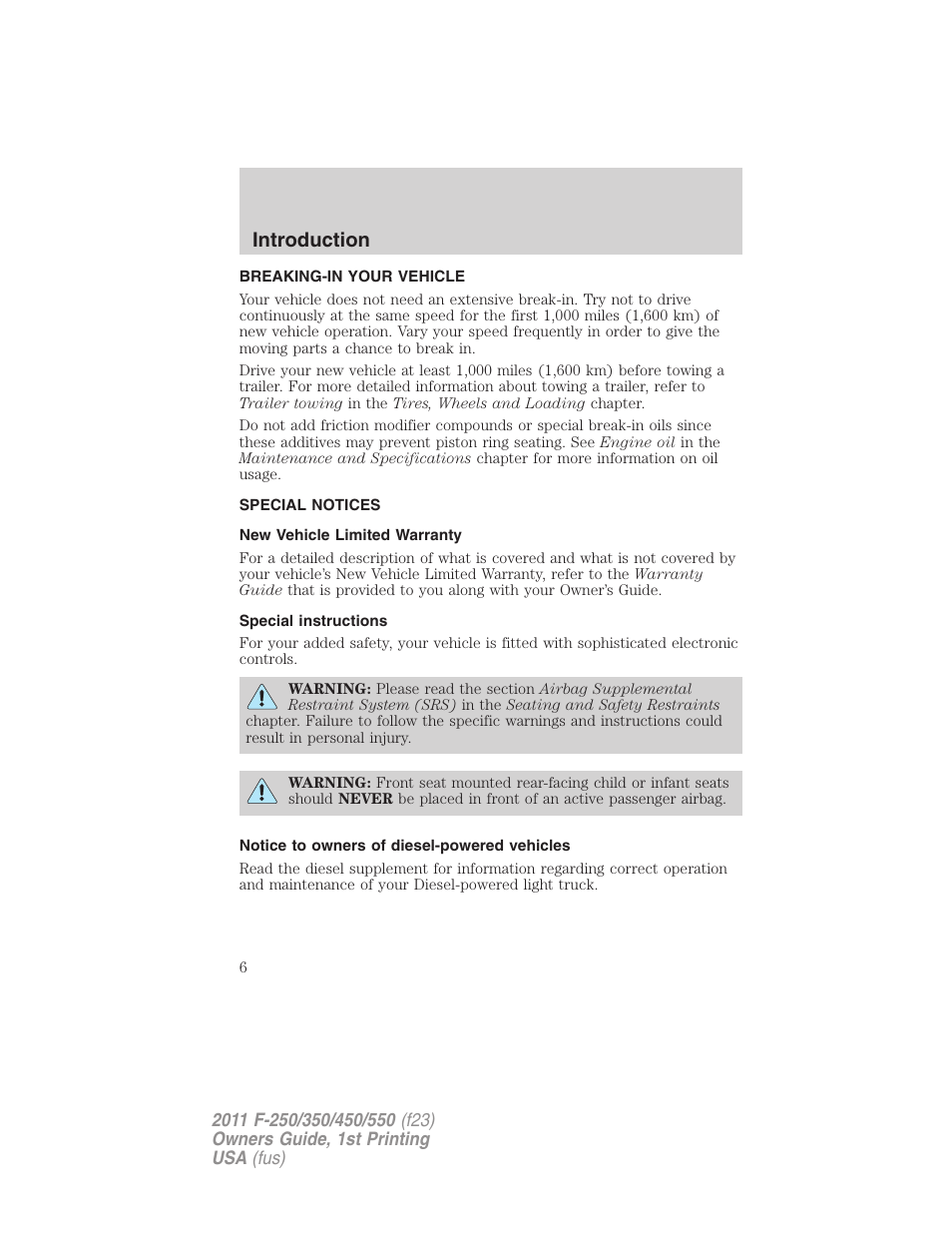 Breaking-in your vehicle, Special notices, New vehicle limited warranty | Special instructions, Notice to owners of diesel-powered vehicles, Introduction | FORD 2011 F-550 v.1 User Manual | Page 6 / 441