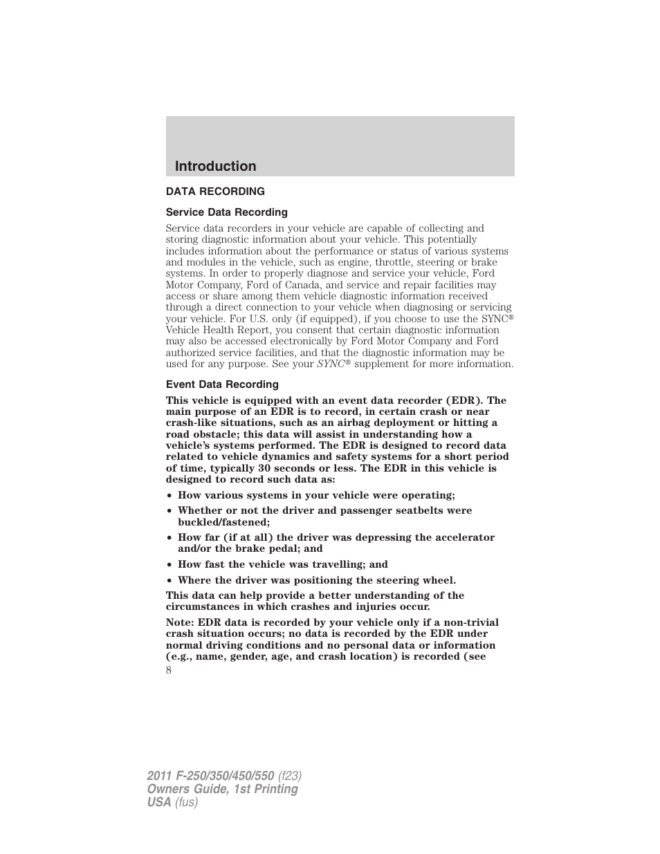 Data recording, Service data recording, Event data recording | Introduction | FORD 2011 F-550 v.1 User Manual | Page 8 / 441