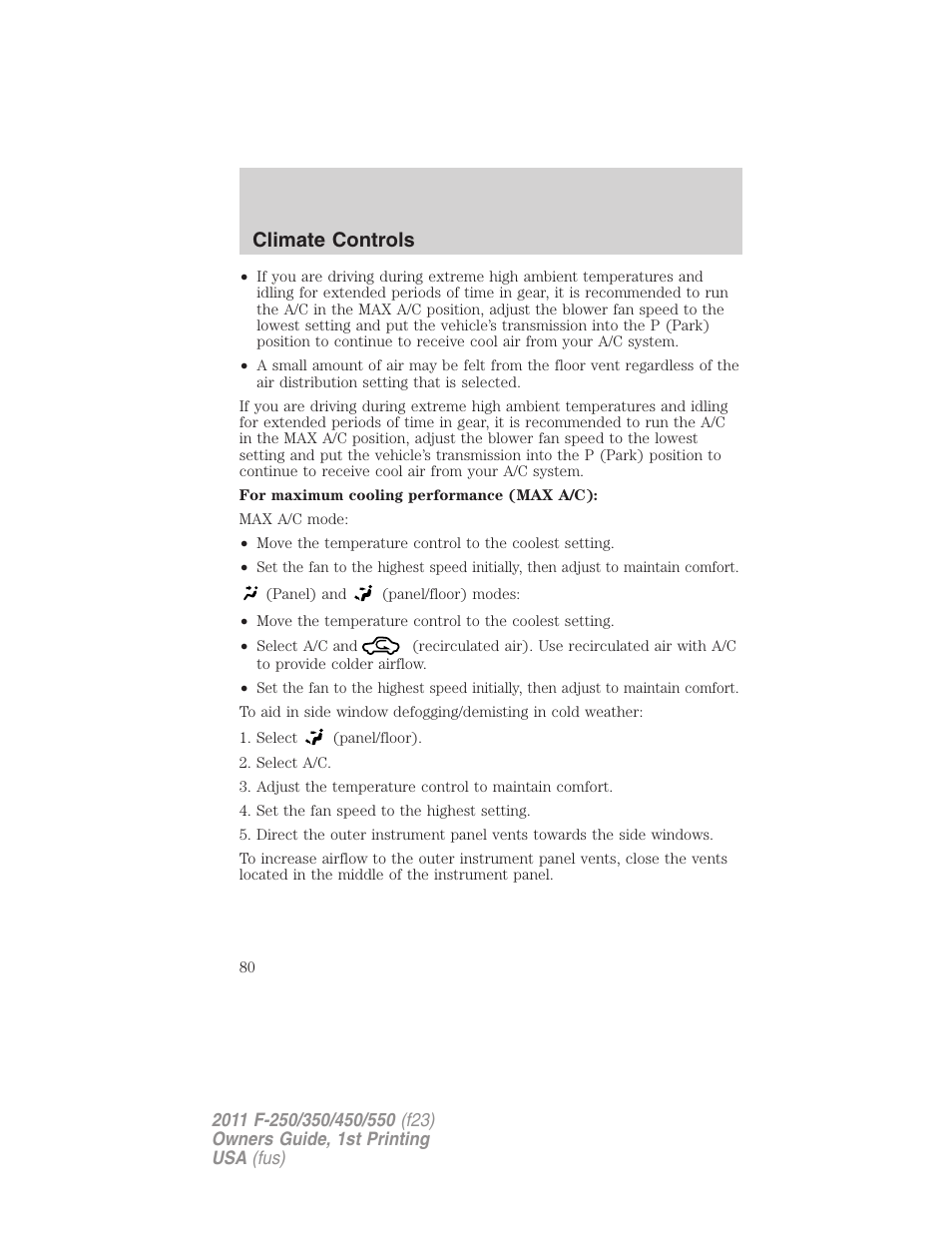 Climate controls | FORD 2011 F-550 v.1 User Manual | Page 80 / 441