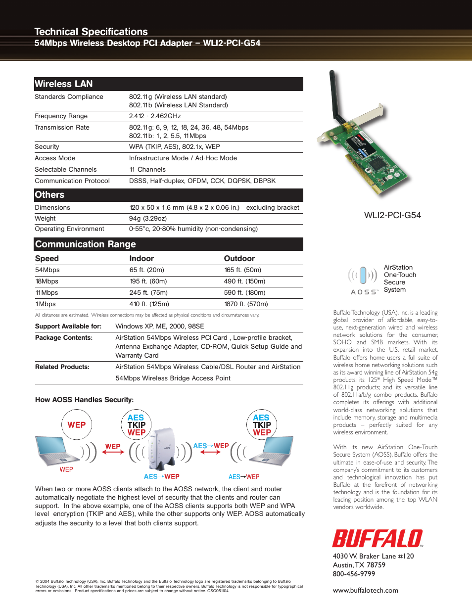 Technical specifications, Communication range, Wireless lan | Others, Wli2-pci-g54 | Buffalo Technology Buffalo AirStation WLI2-PCI-G54 User Manual | Page 2 / 2