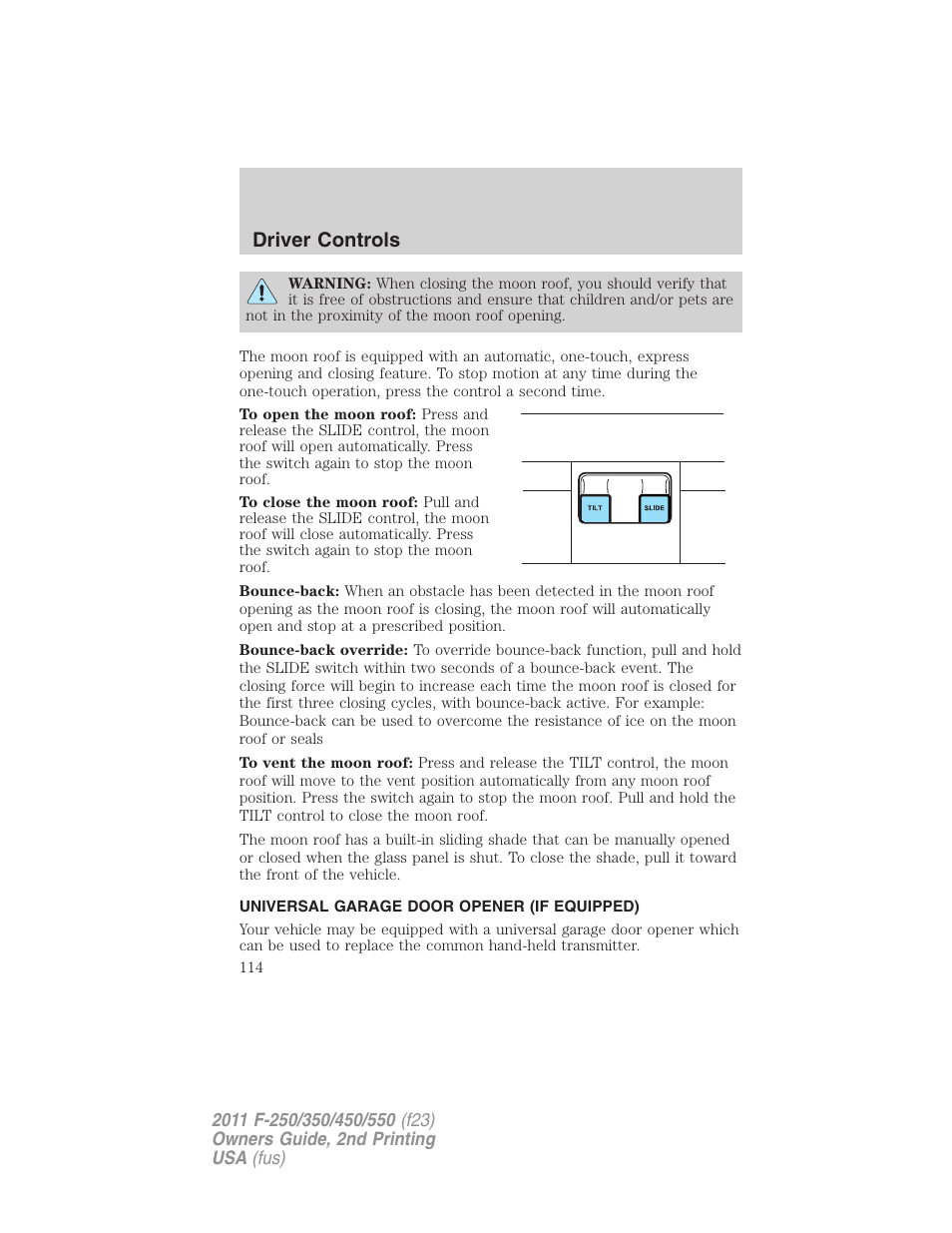 Universal garage door opener (if equipped), Driver controls | FORD 2011 F-550 v.2 User Manual | Page 114 / 448