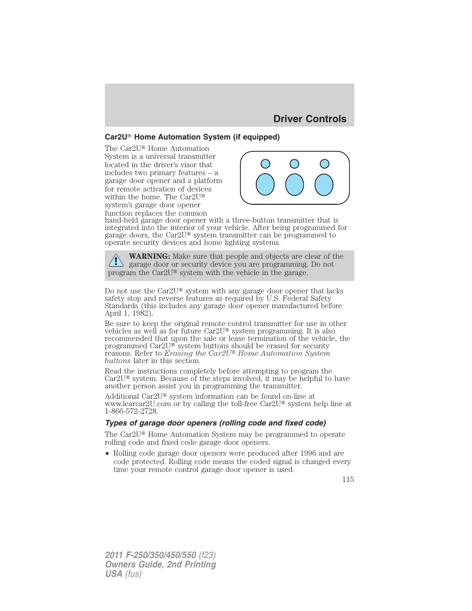 Car2u home automation system (if equipped), Driver controls | FORD 2011 F-550 v.2 User Manual | Page 115 / 448