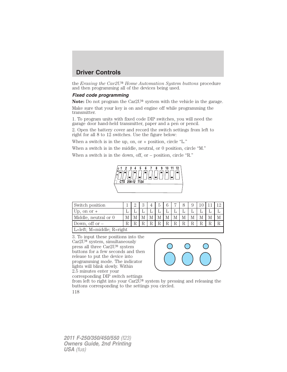 Fixed code programming, Driver controls | FORD 2011 F-550 v.2 User Manual | Page 118 / 448