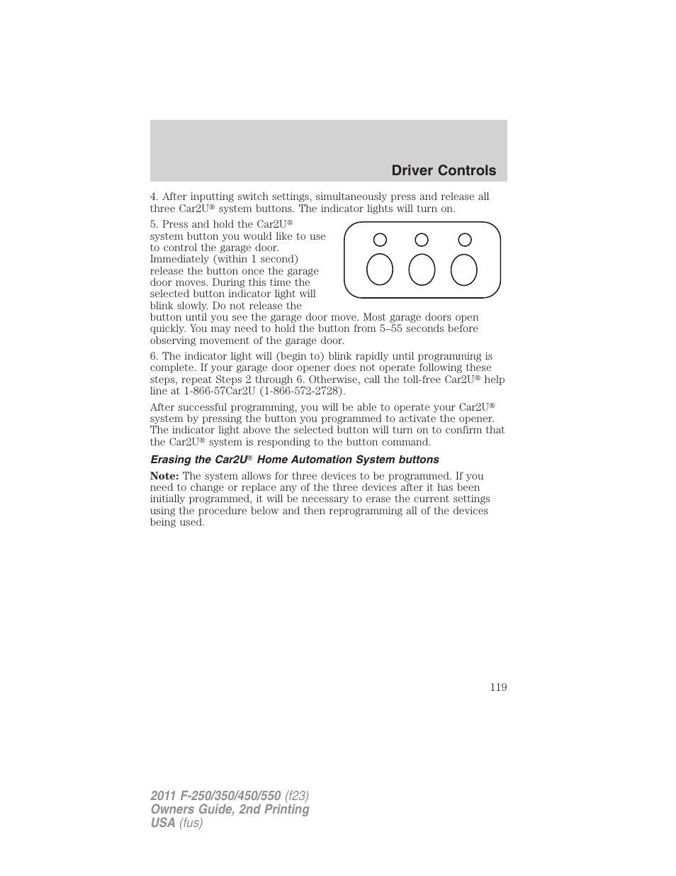 Erasing the car2u home automation system buttons, Driver controls | FORD 2011 F-550 v.2 User Manual | Page 119 / 448
