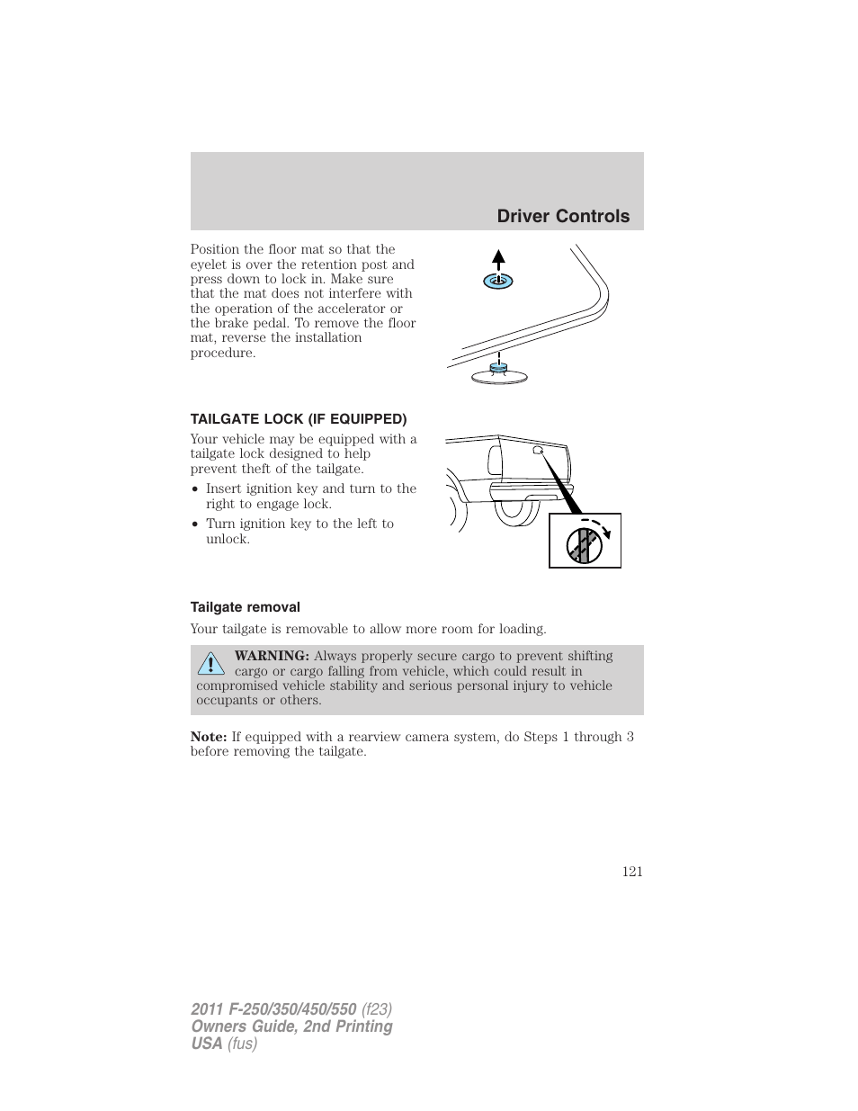 Tailgate lock (if equipped), Tailgate removal, Driver controls | FORD 2011 F-550 v.2 User Manual | Page 121 / 448