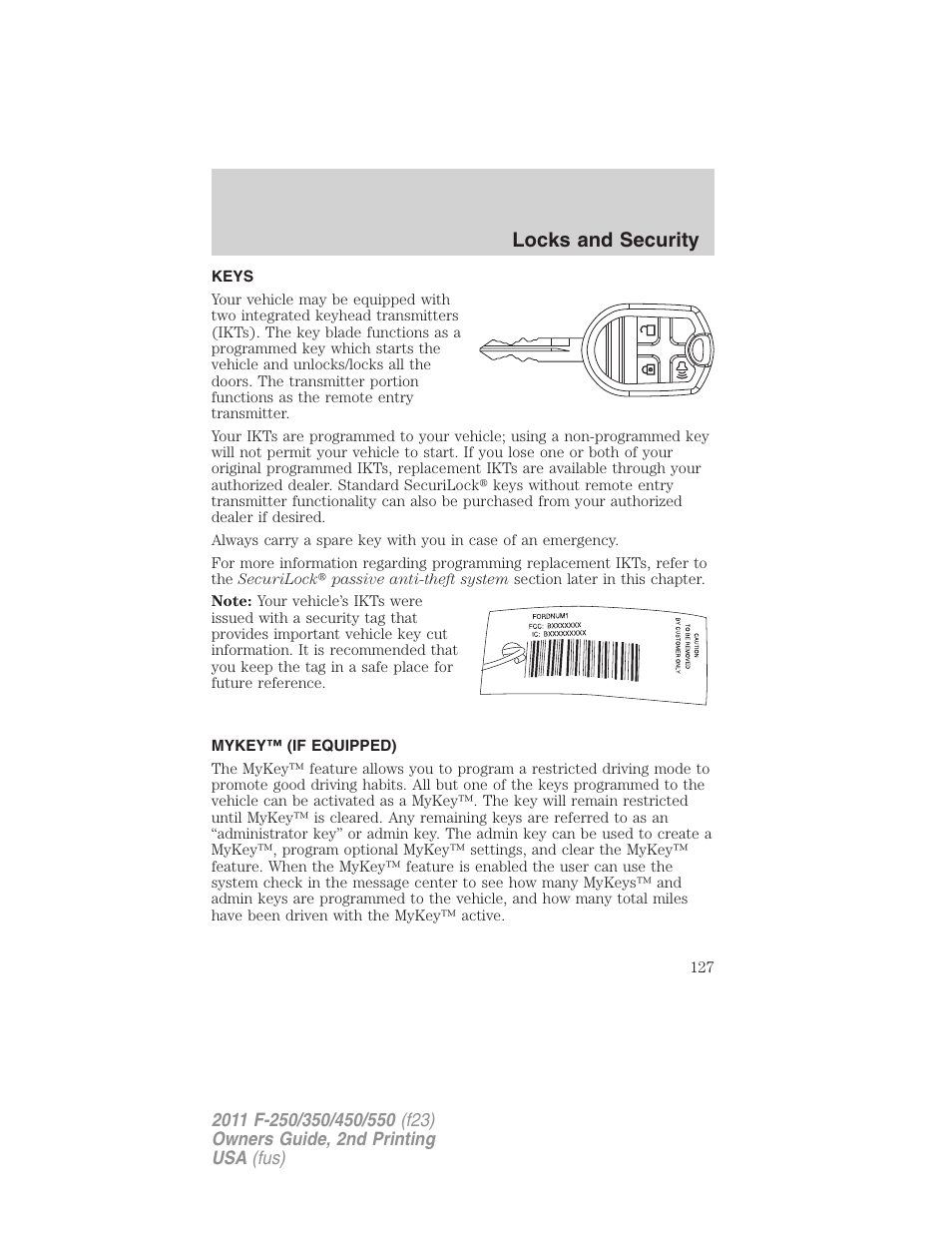Locks and security, Keys, Mykey™ (if equipped) | FORD 2011 F-550 v.2 User Manual | Page 127 / 448