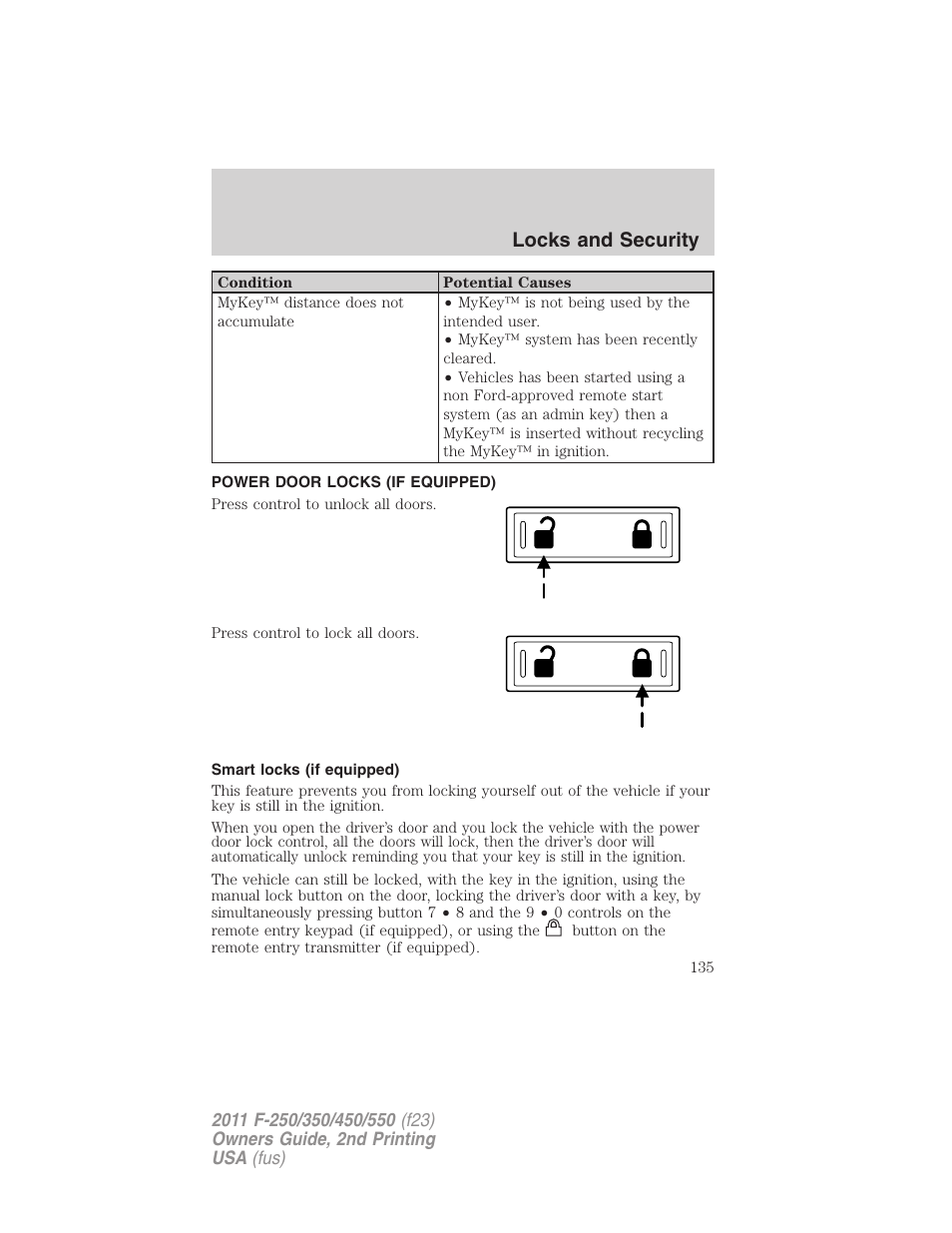 Power door locks (if equipped), Smart locks (if equipped), Locks | Locks and security | FORD 2011 F-550 v.2 User Manual | Page 135 / 448