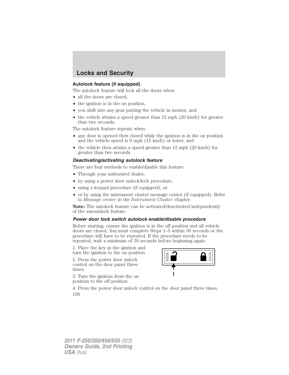 Autolock feature (if equipped), Deactivating/activating autolock feature, Locks and security | FORD 2011 F-550 v.2 User Manual | Page 136 / 448