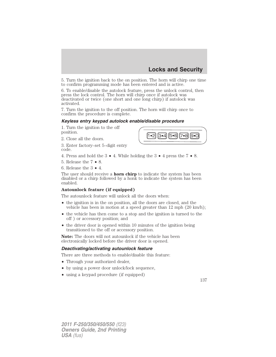 Deactivating/activating autounlock feature, Locks and security | FORD 2011 F-550 v.2 User Manual | Page 137 / 448