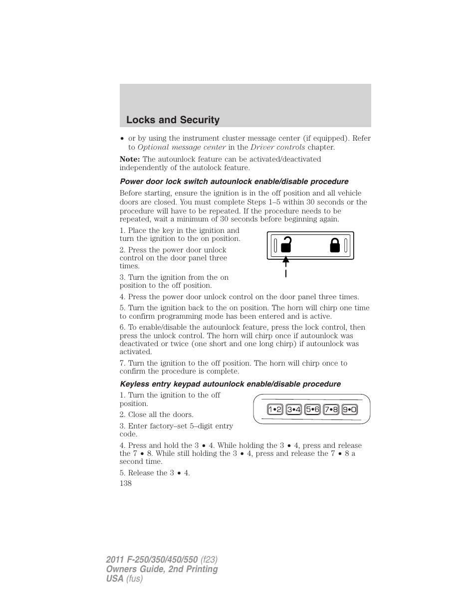 Locks and security | FORD 2011 F-550 v.2 User Manual | Page 138 / 448