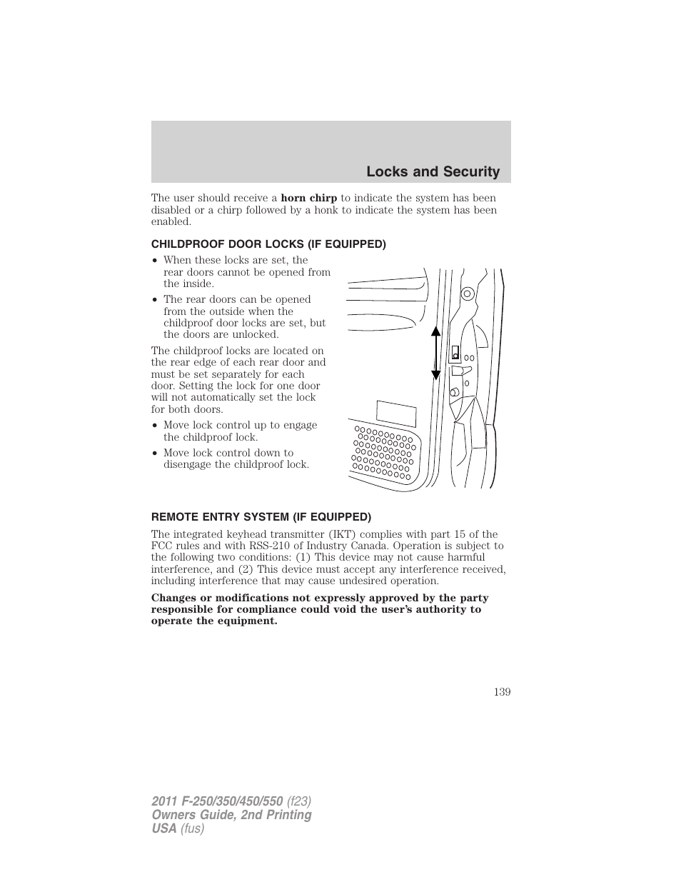 Childproof door locks (if equipped), Remote entry system (if equipped), Locks and security | FORD 2011 F-550 v.2 User Manual | Page 139 / 448