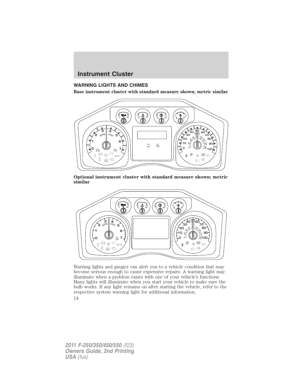 Instrument cluster, Warning lights and chimes | FORD 2011 F-550 v.2 User Manual | Page 14 / 448