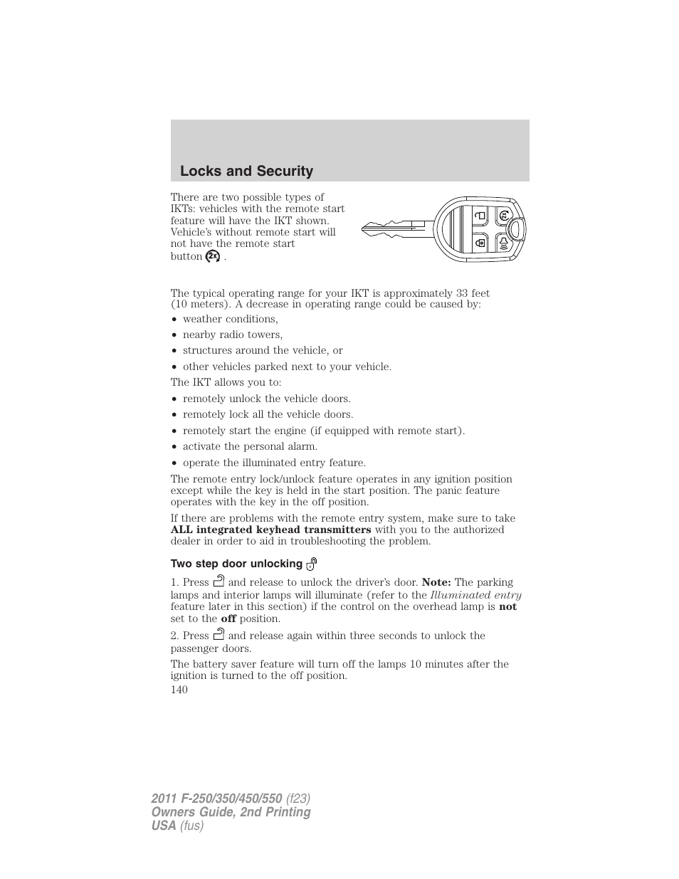 Two step door unlocking, Locks and security | FORD 2011 F-550 v.2 User Manual | Page 140 / 448