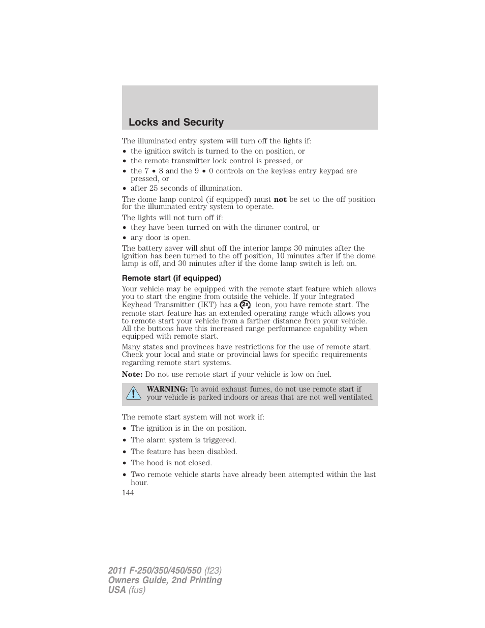 Remote start (if equipped), Locks and security | FORD 2011 F-550 v.2 User Manual | Page 144 / 448