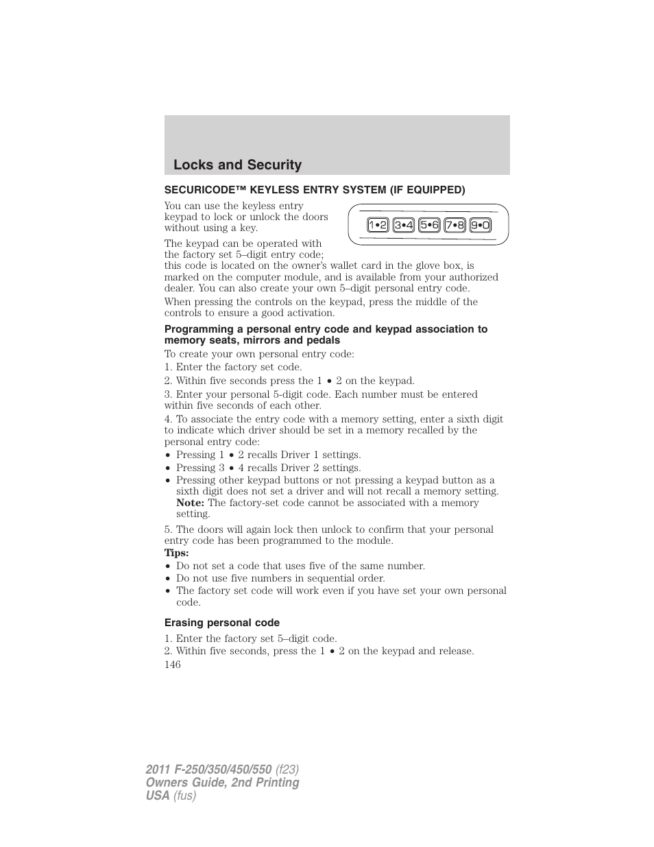 Securicode™ keyless entry system (if equipped), Erasing personal code, Locks and security | FORD 2011 F-550 v.2 User Manual | Page 146 / 448