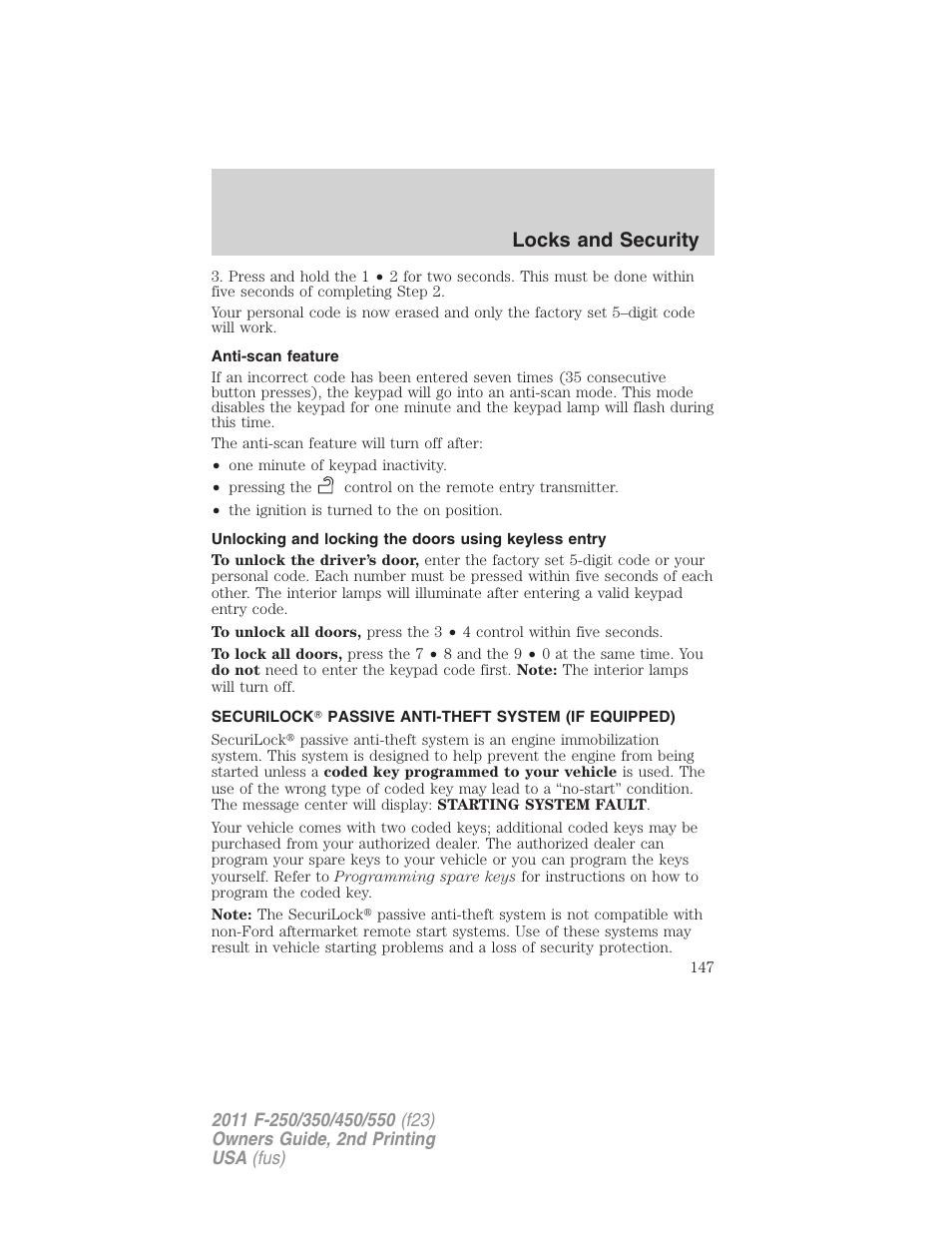 Anti-scan feature, Securilock passive anti-theft system (if equipped), Anti-theft system | Locks and security | FORD 2011 F-550 v.2 User Manual | Page 147 / 448