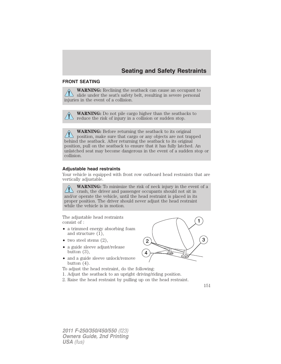 Seating and safety restraints, Front seating, Adjustable head restraints | Seating | FORD 2011 F-550 v.2 User Manual | Page 151 / 448