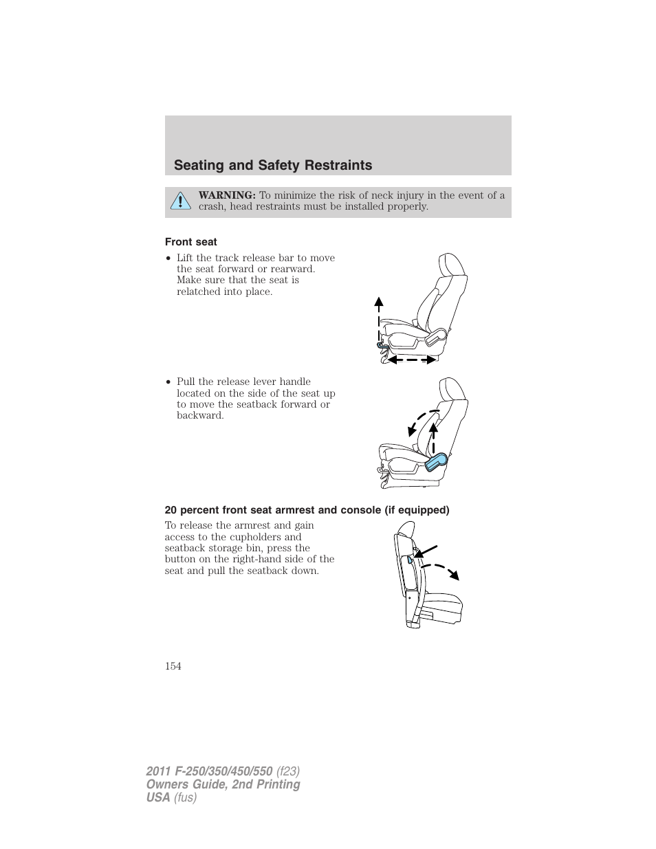 Front seat, Seating and safety restraints | FORD 2011 F-550 v.2 User Manual | Page 154 / 448