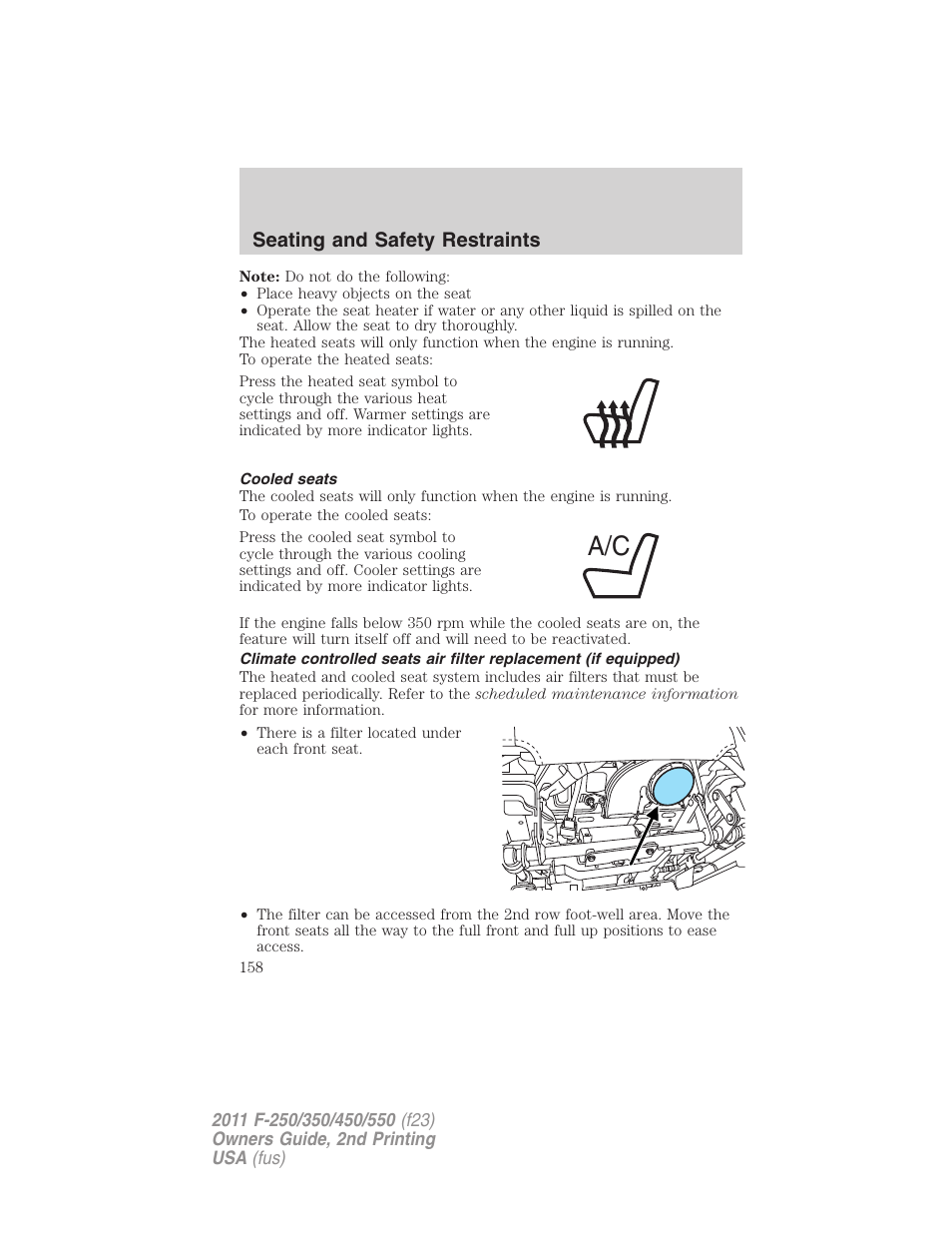 Cooled seats, Seating and safety restraints | FORD 2011 F-550 v.2 User Manual | Page 158 / 448