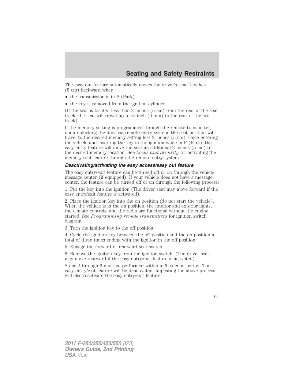 Seating and safety restraints | FORD 2011 F-550 v.2 User Manual | Page 161 / 448