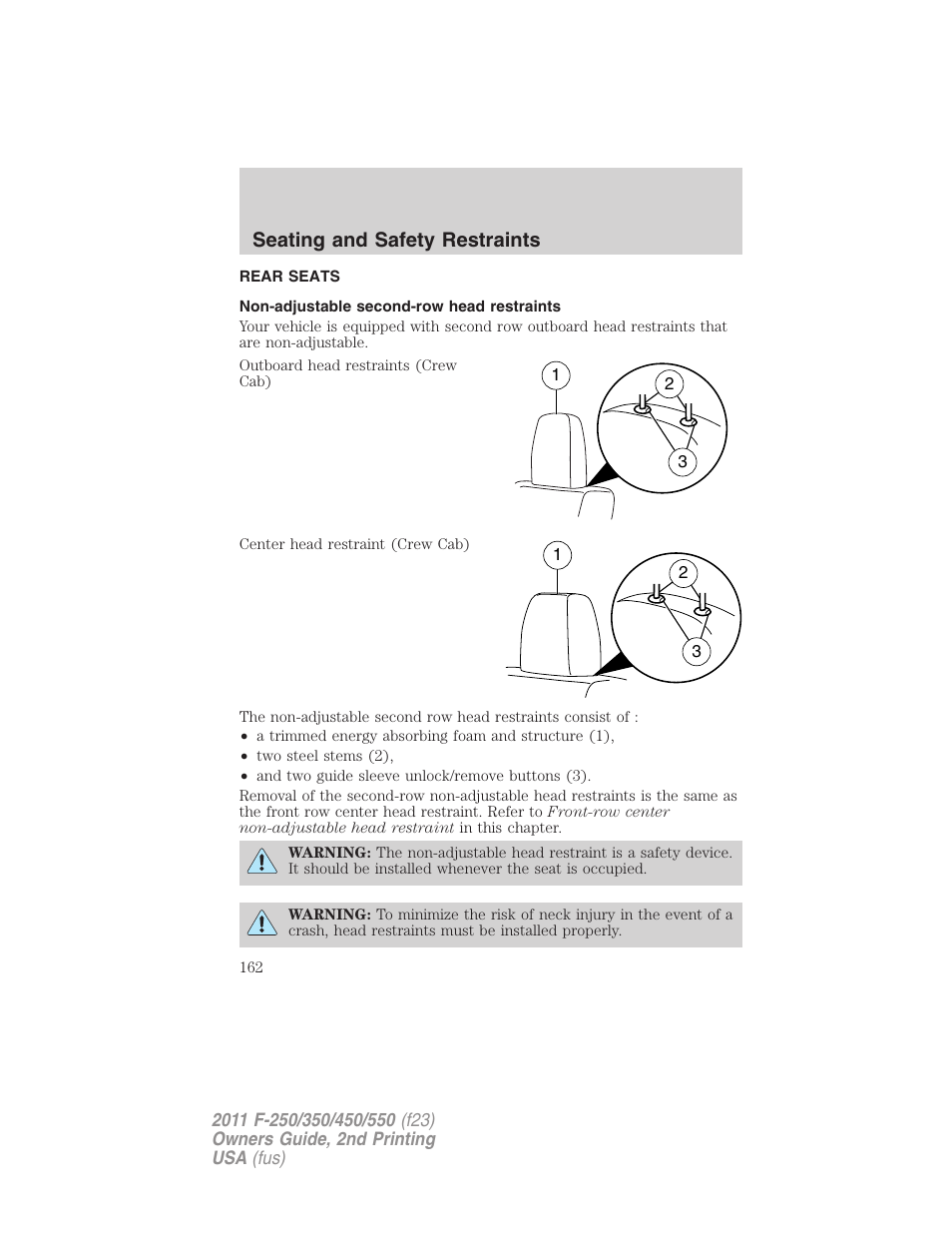 Rear seats, Non-adjustable second-row head restraints, Seating and safety restraints | FORD 2011 F-550 v.2 User Manual | Page 162 / 448