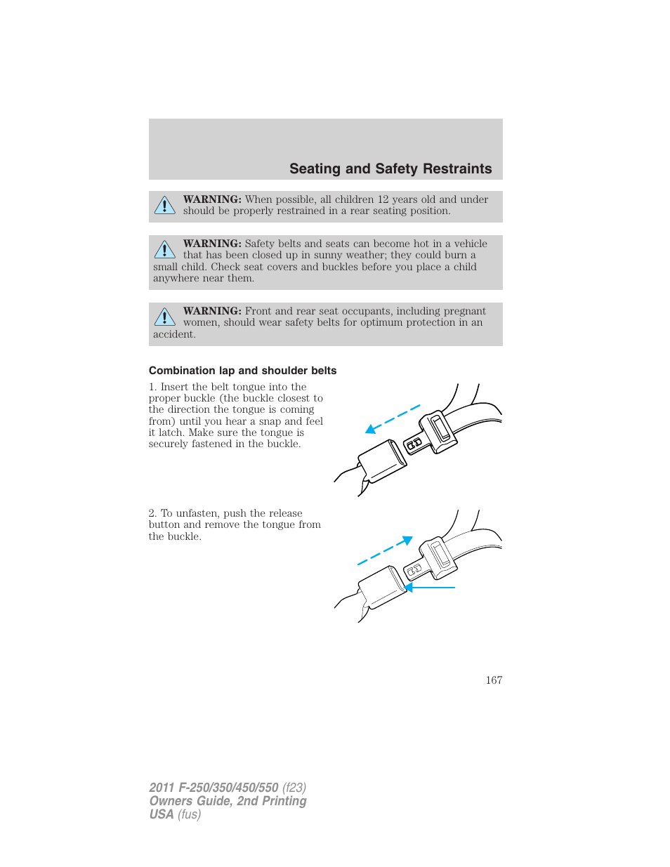 Combination lap and shoulder belts, Seating and safety restraints | FORD 2011 F-550 v.2 User Manual | Page 167 / 448