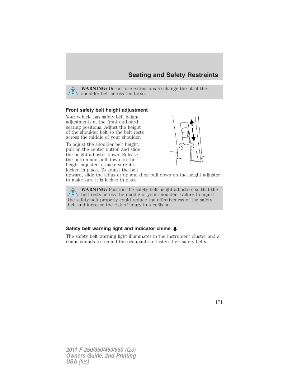 Front safety belt height adjustment, Safety belt warning light and indicator chime, Seating and safety restraints | FORD 2011 F-550 v.2 User Manual | Page 171 / 448
