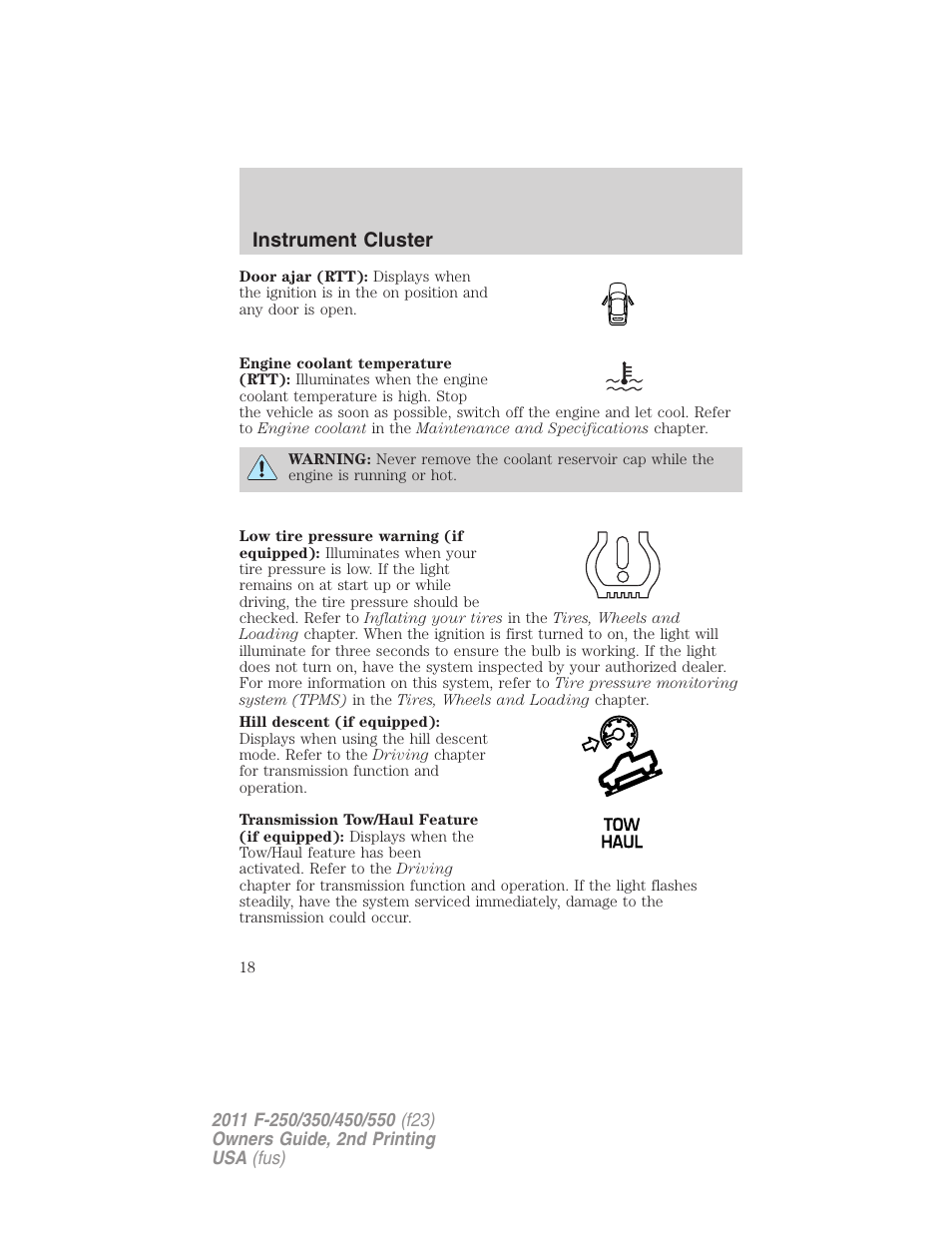 Instrument cluster | FORD 2011 F-550 v.2 User Manual | Page 18 / 448