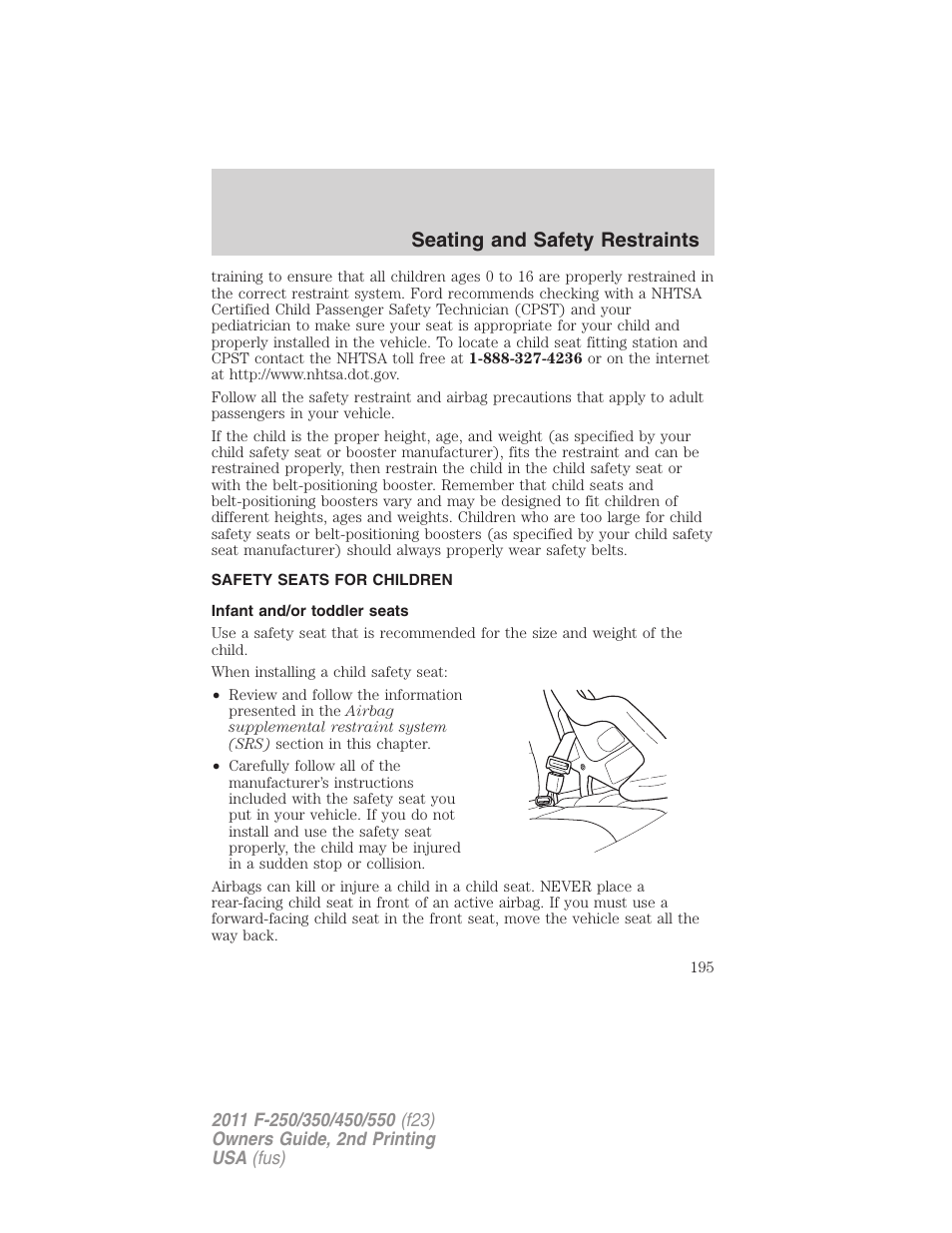Safety seats for children, Infant and/or toddler seats, Seating and safety restraints | FORD 2011 F-550 v.2 User Manual | Page 195 / 448