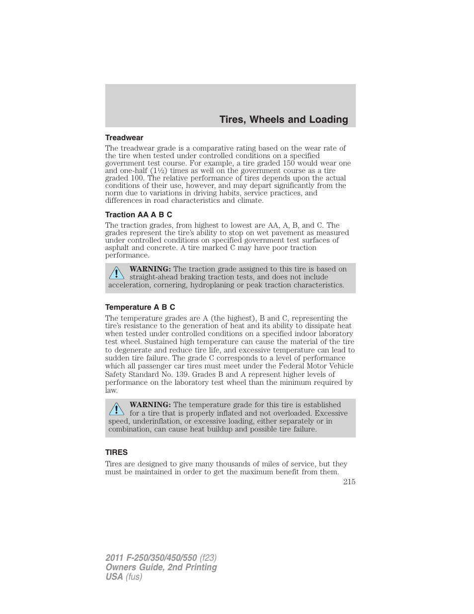 Treadwear, Traction aa a b c, Temperature a b c | Tires, Tires, wheels and loading | FORD 2011 F-550 v.2 User Manual | Page 215 / 448