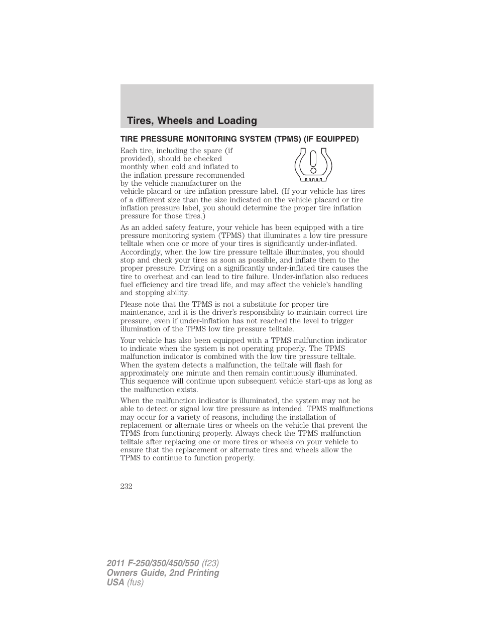 Tire pressure monitoring system (tpms), Tires, wheels and loading | FORD 2011 F-550 v.2 User Manual | Page 232 / 448