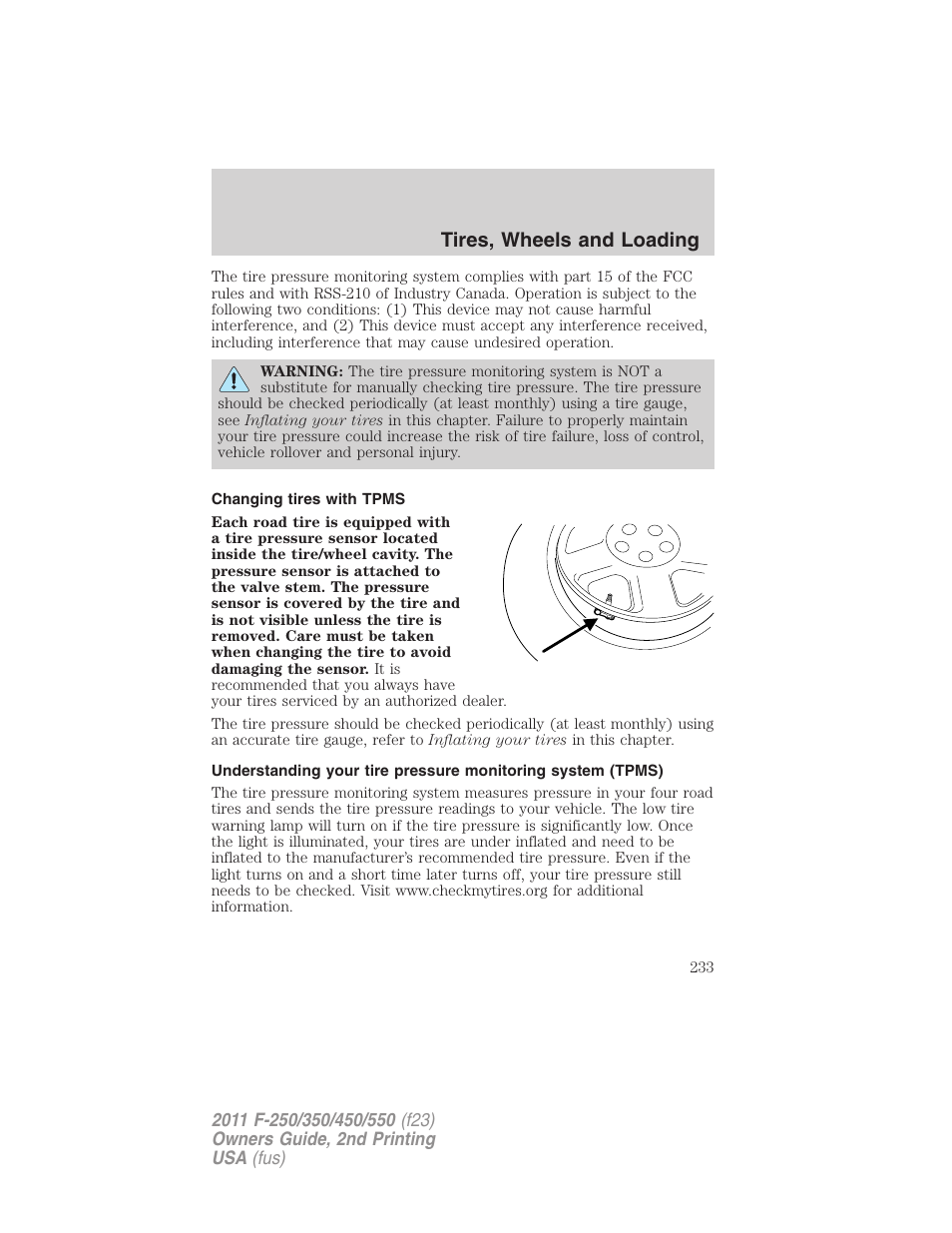 Changing tires with tpms, Tires, wheels and loading | FORD 2011 F-550 v.2 User Manual | Page 233 / 448