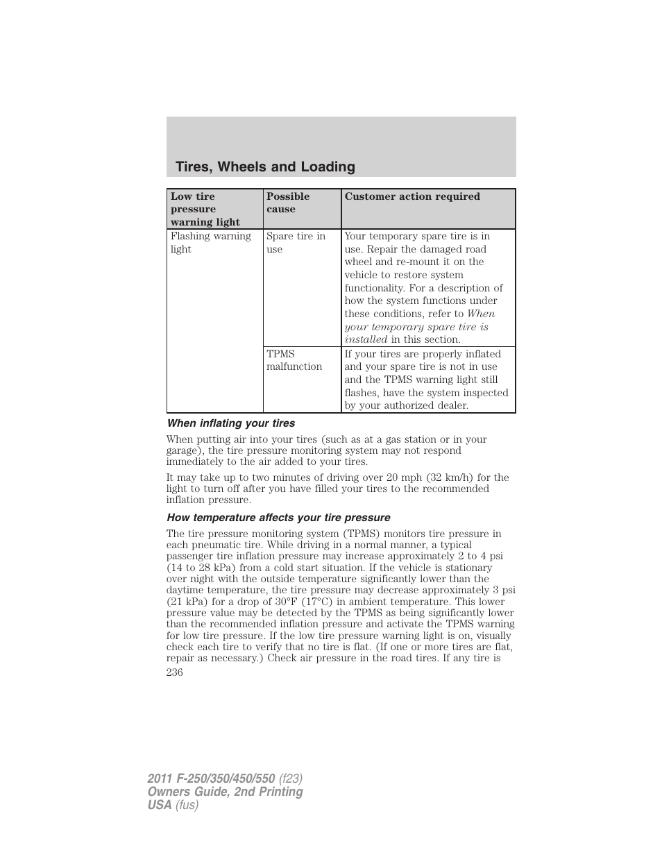 When inflating your tires, How temperature affects your tire pressure, Tires, wheels and loading | FORD 2011 F-550 v.2 User Manual | Page 236 / 448