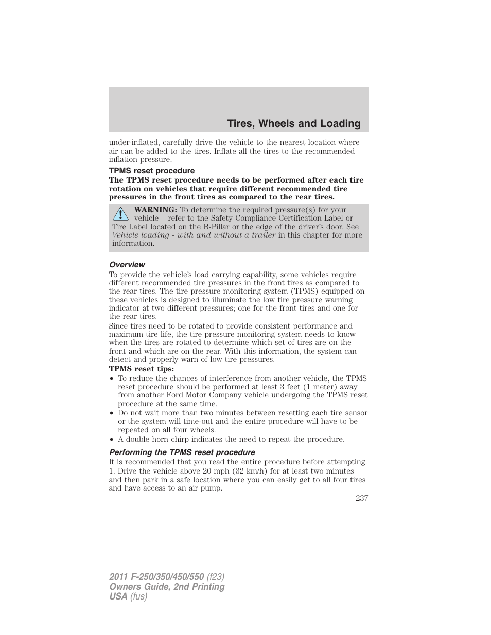 Tpms reset procedure, Overview, Performing the tpms reset procedure | Tires, wheels and loading | FORD 2011 F-550 v.2 User Manual | Page 237 / 448