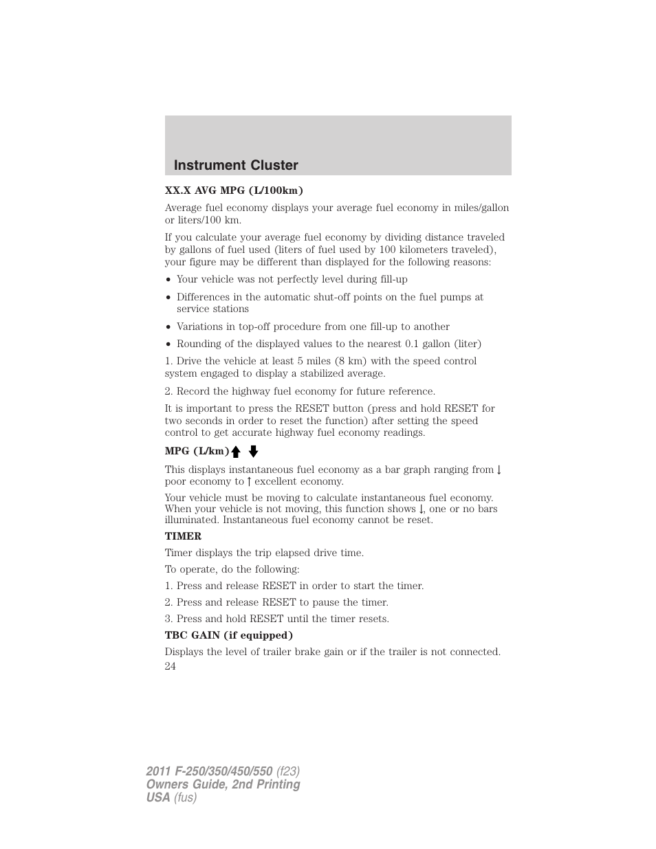 Instrument cluster | FORD 2011 F-550 v.2 User Manual | Page 24 / 448