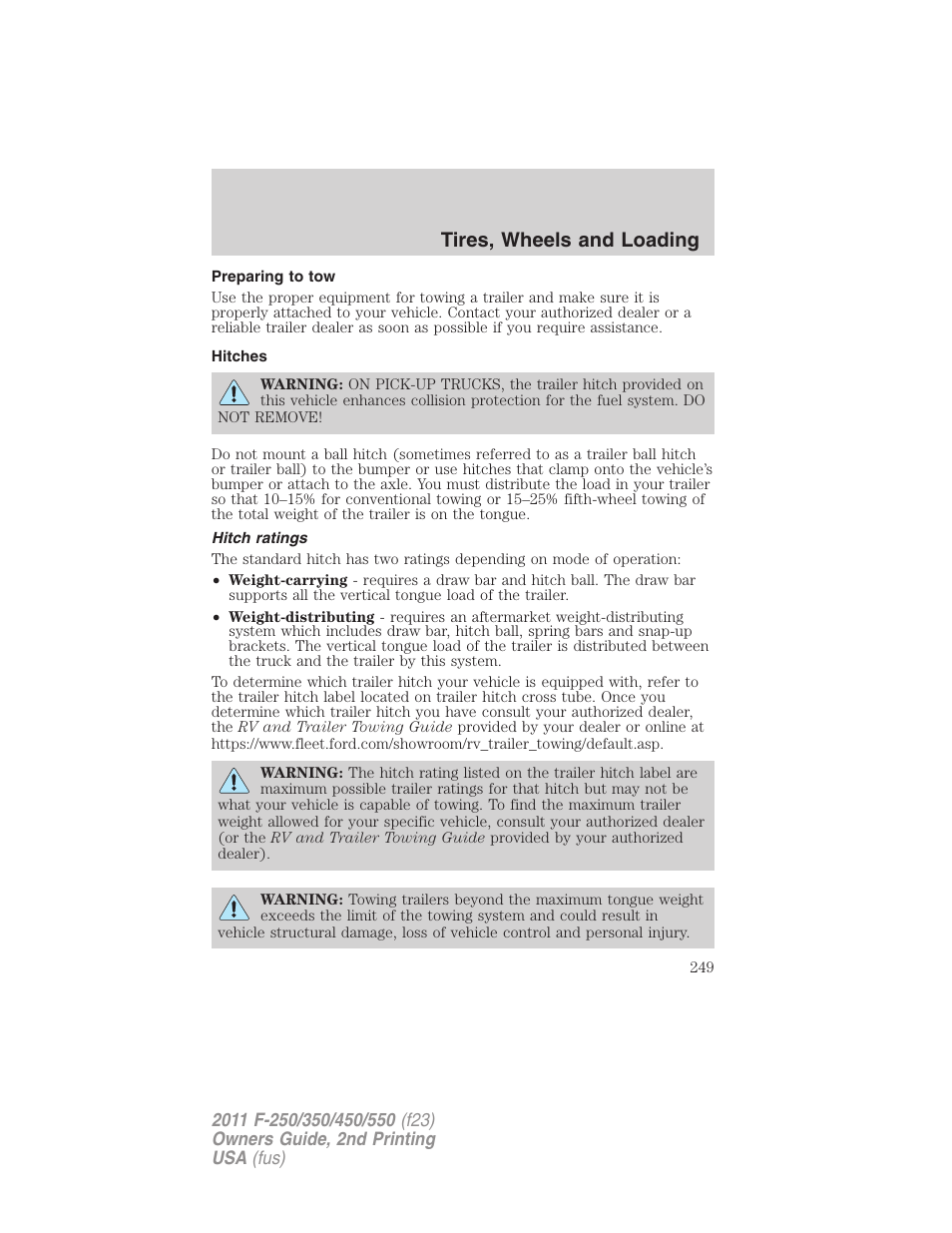 Preparing to tow, Hitches, Hitch ratings | Tires, wheels and loading | FORD 2011 F-550 v.2 User Manual | Page 249 / 448