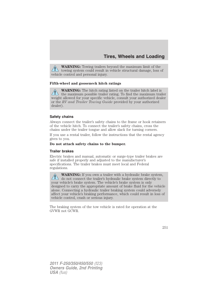 Safety chains, Trailer brakes, Tires, wheels and loading | FORD 2011 F-550 v.2 User Manual | Page 251 / 448