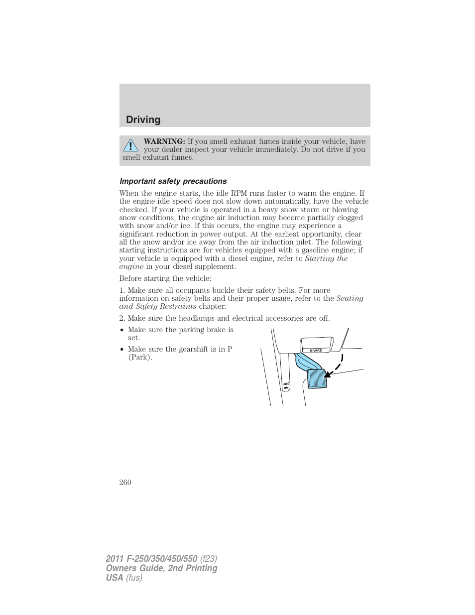 Important safety precautions, Driving | FORD 2011 F-550 v.2 User Manual | Page 260 / 448