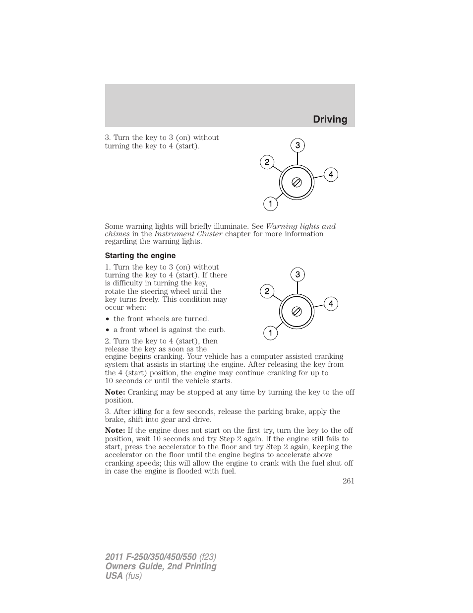 Starting the engine, Driving | FORD 2011 F-550 v.2 User Manual | Page 261 / 448
